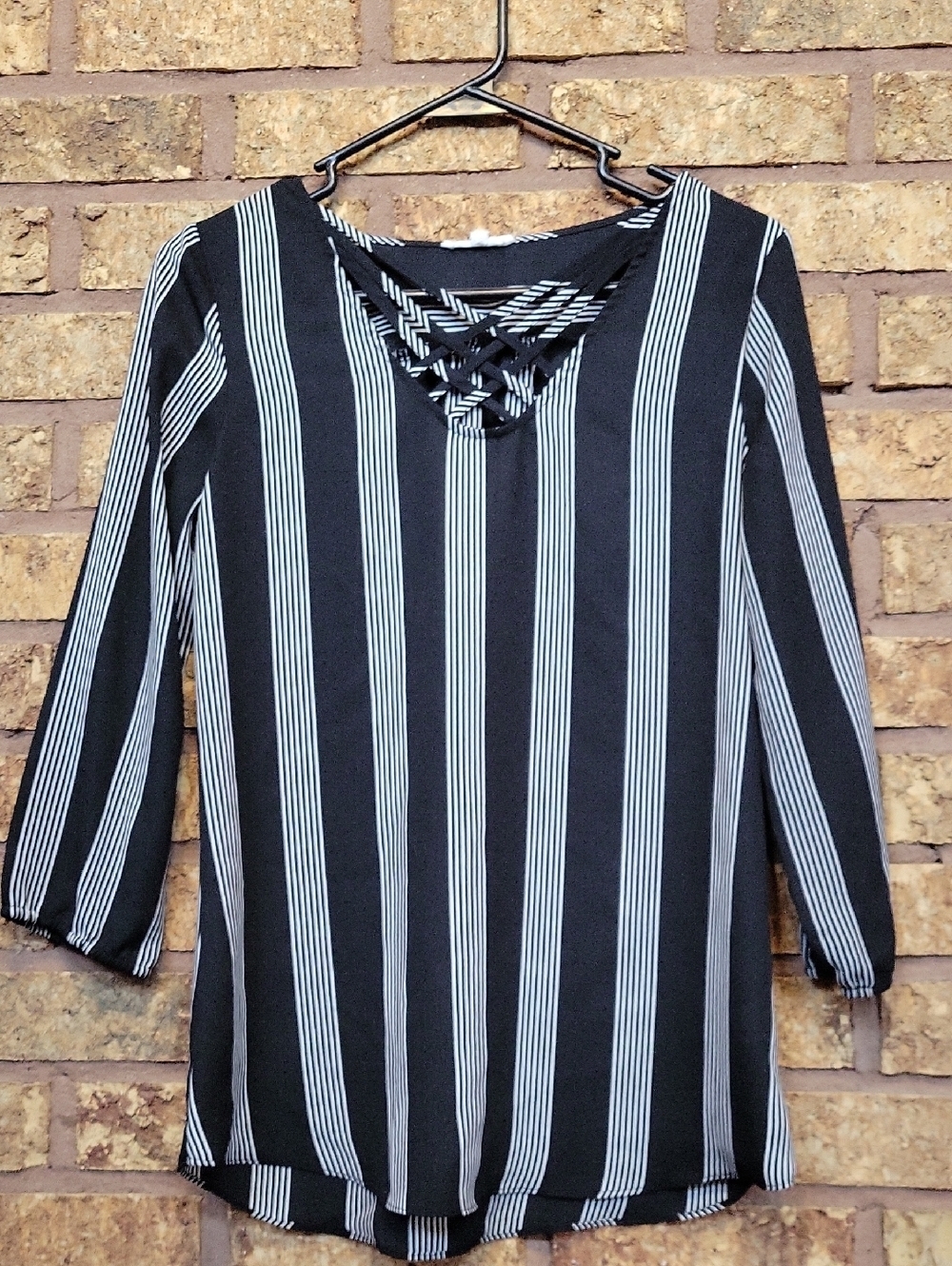 Maurices Black and White Vertical Stripe 3/4 Length Sleeve Blouse Size XS